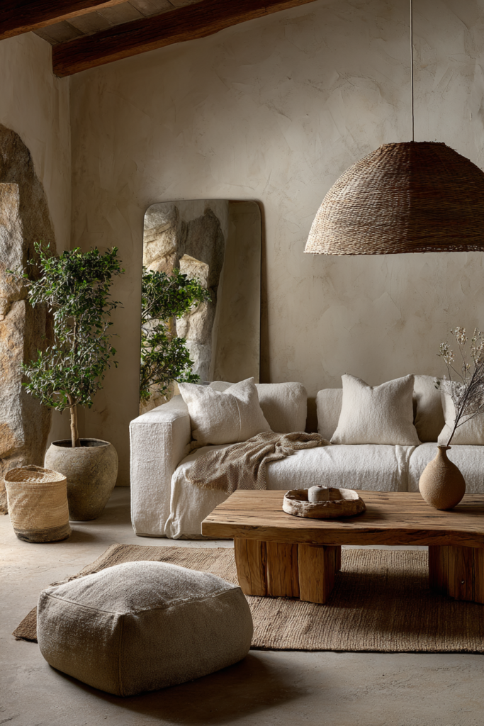 minimalist feng shui wabi sabi living room idea for a mindful living room makeover with white linen couch and wooden table