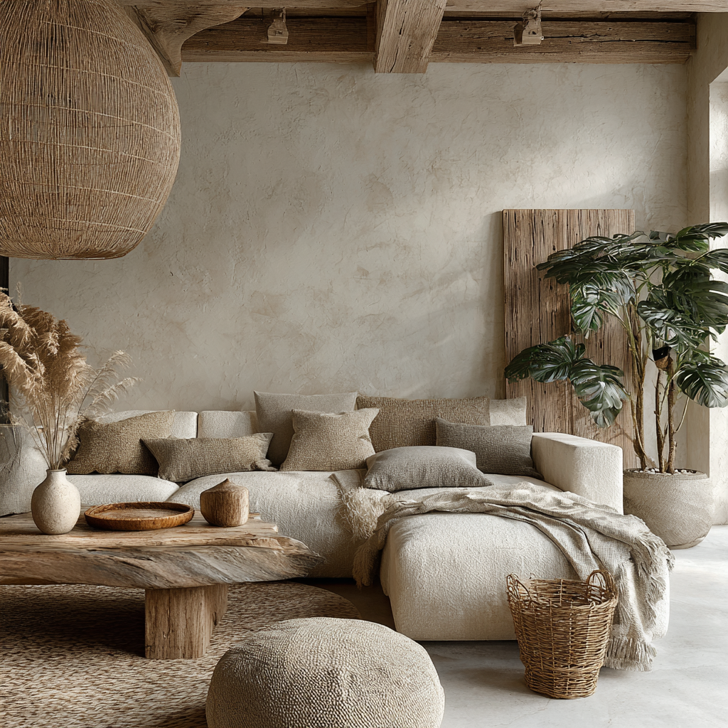 large white couch in a wabi sabi interior with a very large natural hanging llamp and wooden coffee table