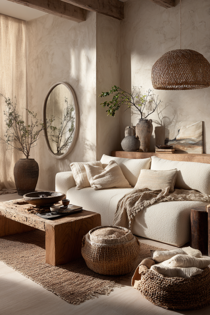 white boucle sofa with raw wooden coffee table in a wabi sabi living room perfect for living room makeover inspiration