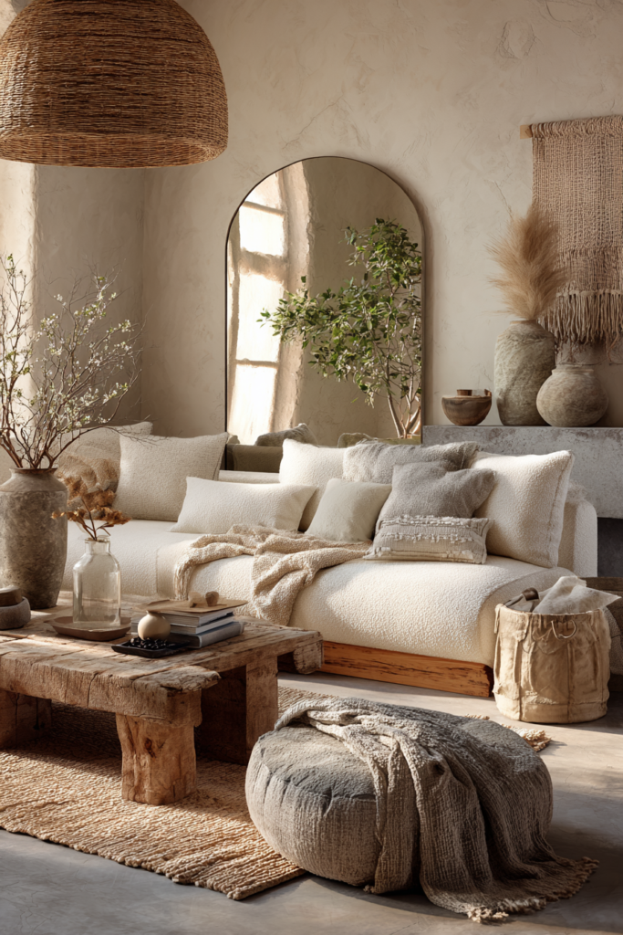 white boucle couch and raw wood coffee table in a wabi sabi living room with large wall mirror and linen pouf