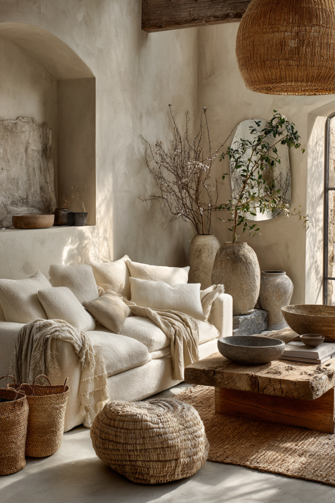 wabi sabi living room design with raw wood coffee table and white couch rattan and large vase