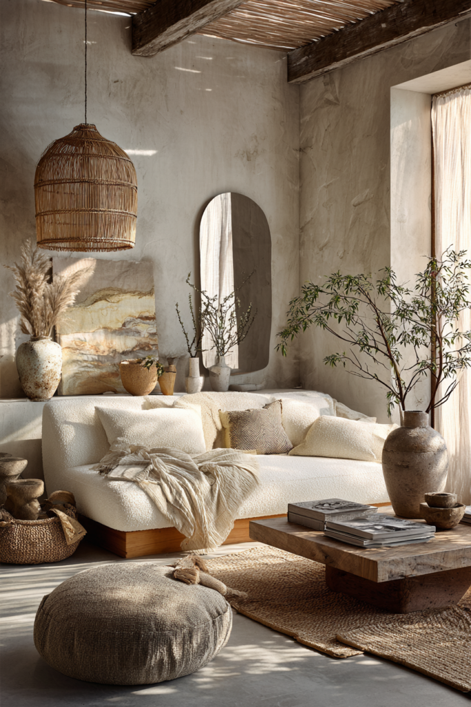 white boucle couch in a wabi sabi living room with large bamboo hanging light and wall mirror minimalist interior idea