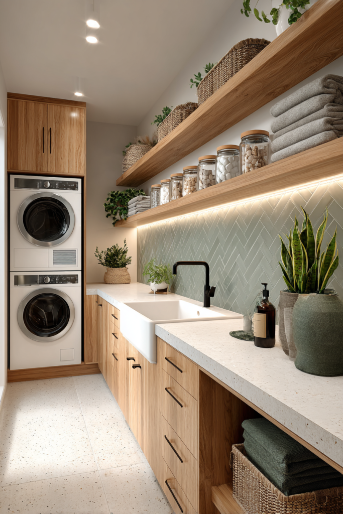 sage green and wood narrow laundry room organization idea