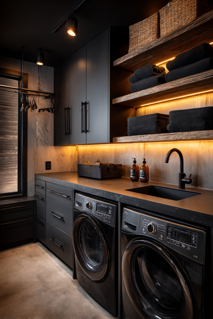 Urban Slate and Concrete Noir industrial laundry room renovation for men 
