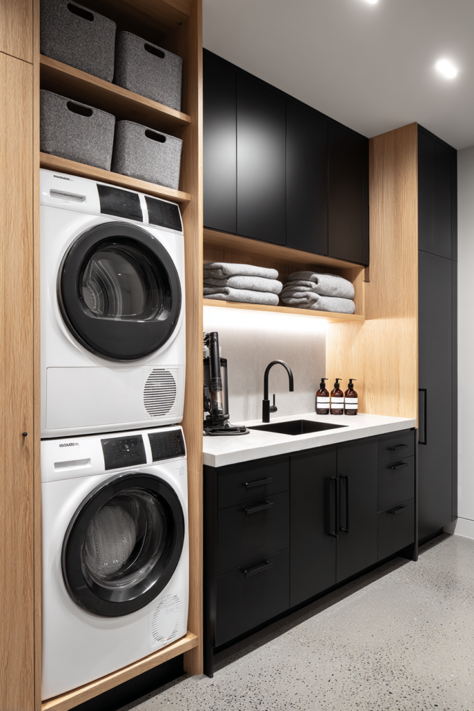 black and wood laundry room makeover idea with grey baskets