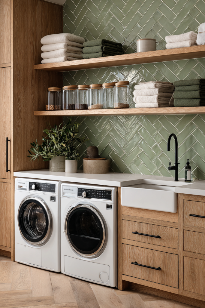 sage green chevron tile laundry room makeover idea
