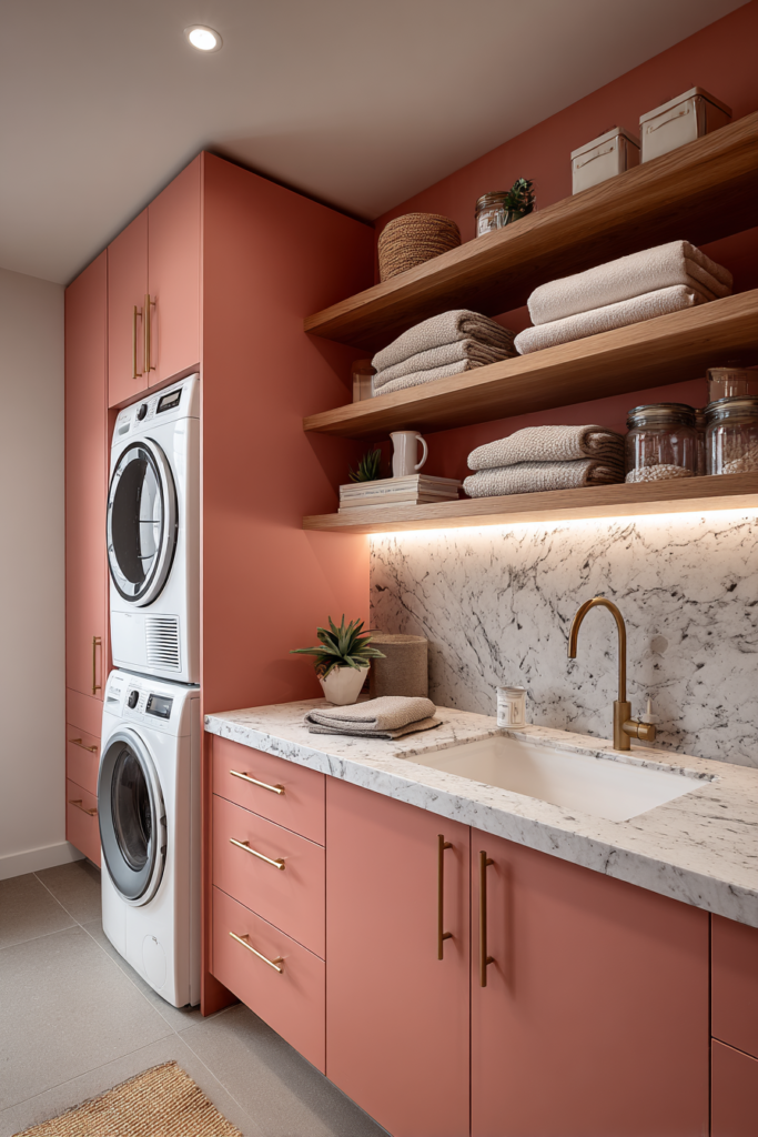 coral narrow laundry room organization hack with washing machine stacker systeme 