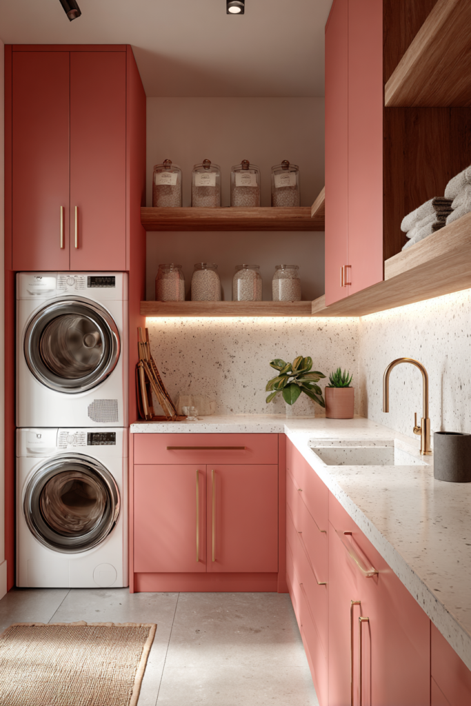 coral laundry room with golden drawer pulls makeover idea
