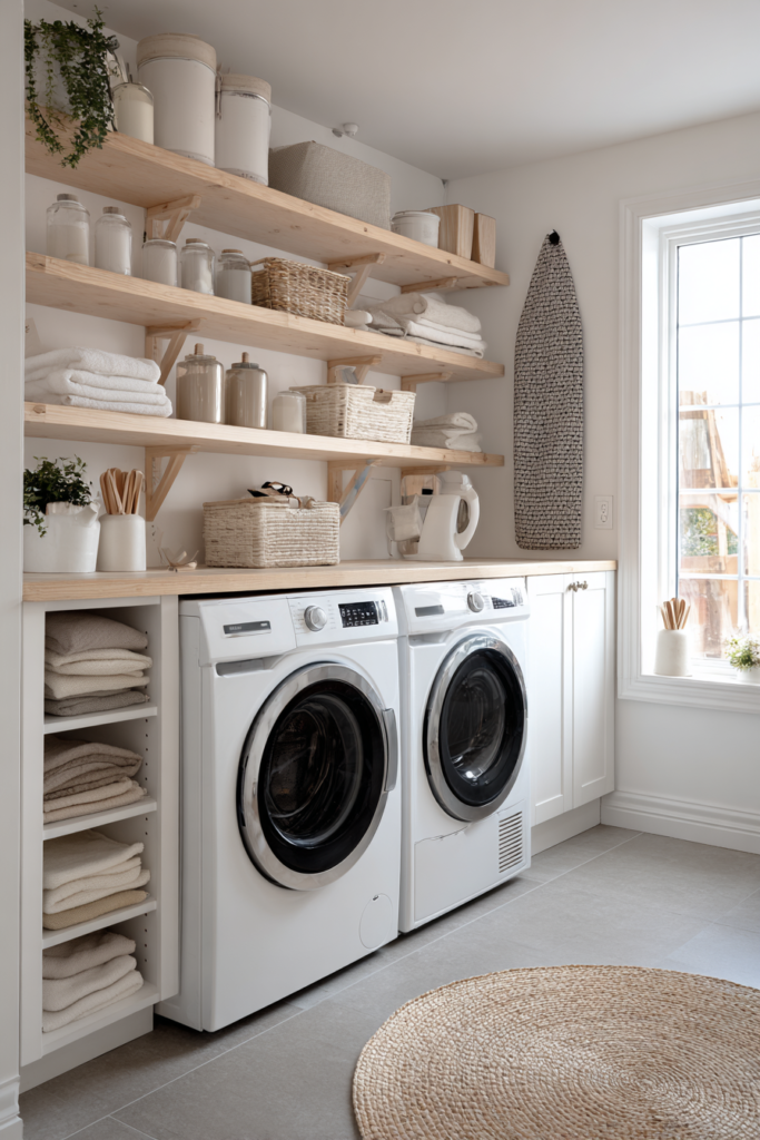 scandinavian minimalist laundry room with wood shelves