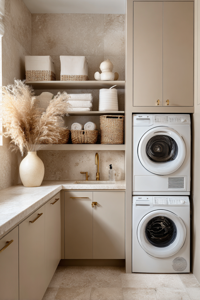 minimalist boho laundry room makeover idea with golden faucet and beige cream cabinets white basket brown rattan basket and pampas