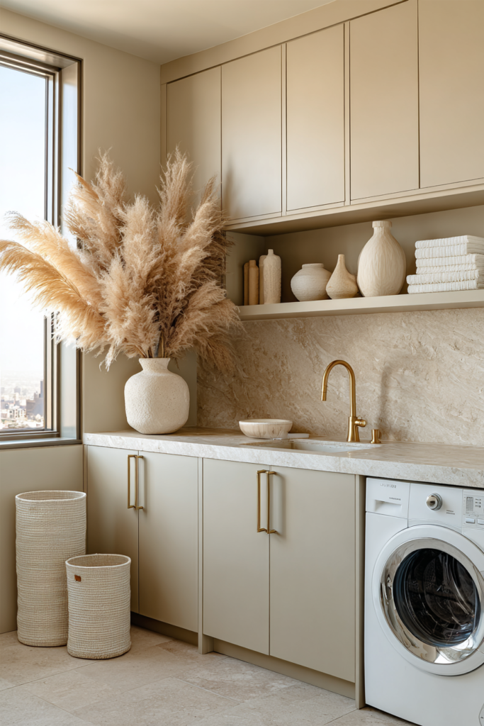boho beige narrow laundry room makeover ideal for small laundry room with ceramic vase and rattan baskets