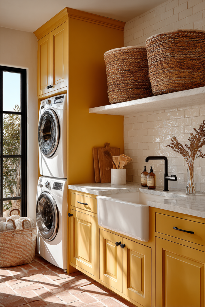 stacked machine yellow mustard provencale laundry room idea