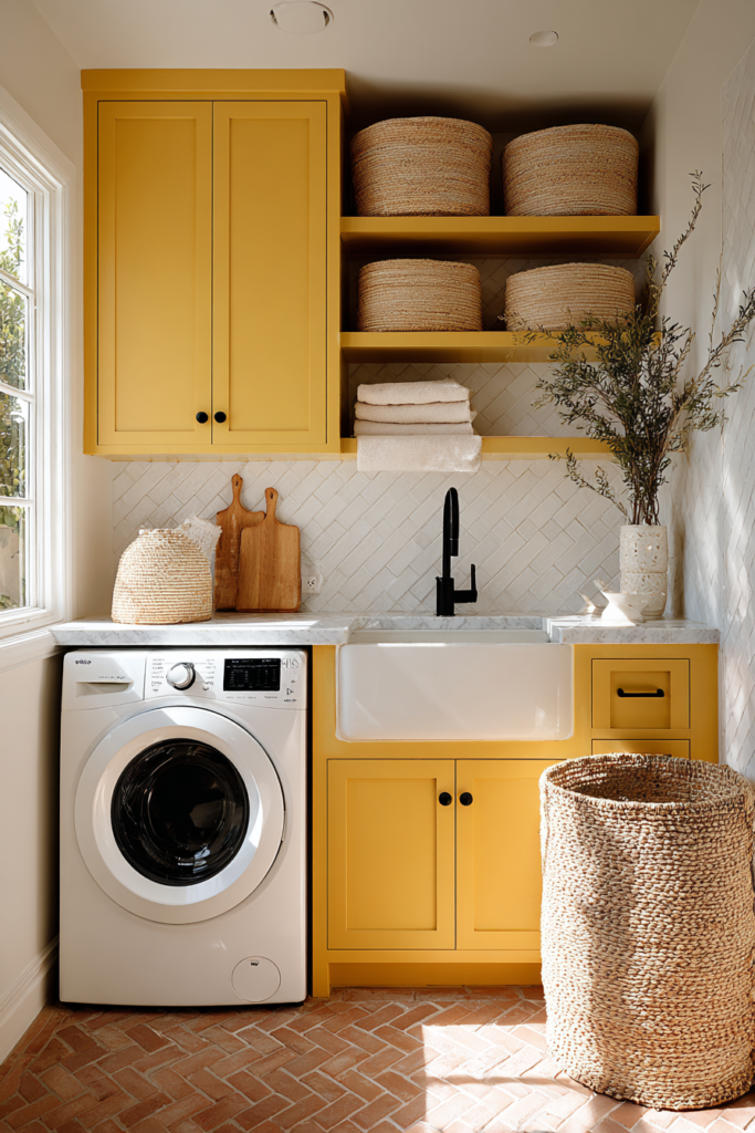 small provencal yellow mustard laundry room makeover