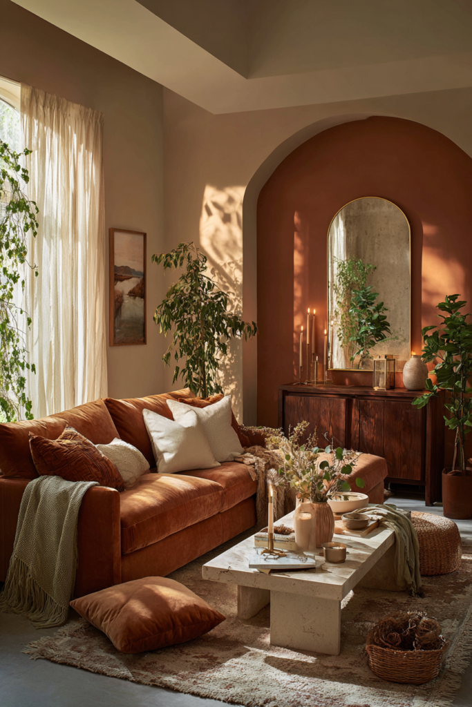 contemporary terracotta living room with rust couch and terracotta arched wall and travertine coffee table