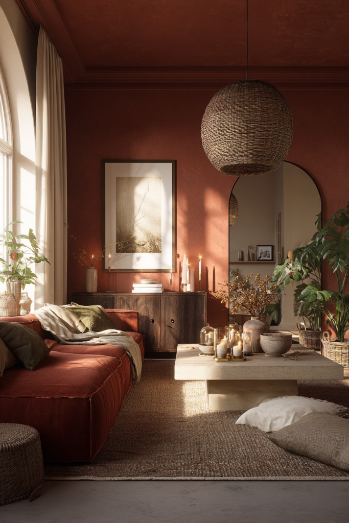 modern terracotta living room makeover inspiration with red terracotta couch travertin coffee table and large natural rug