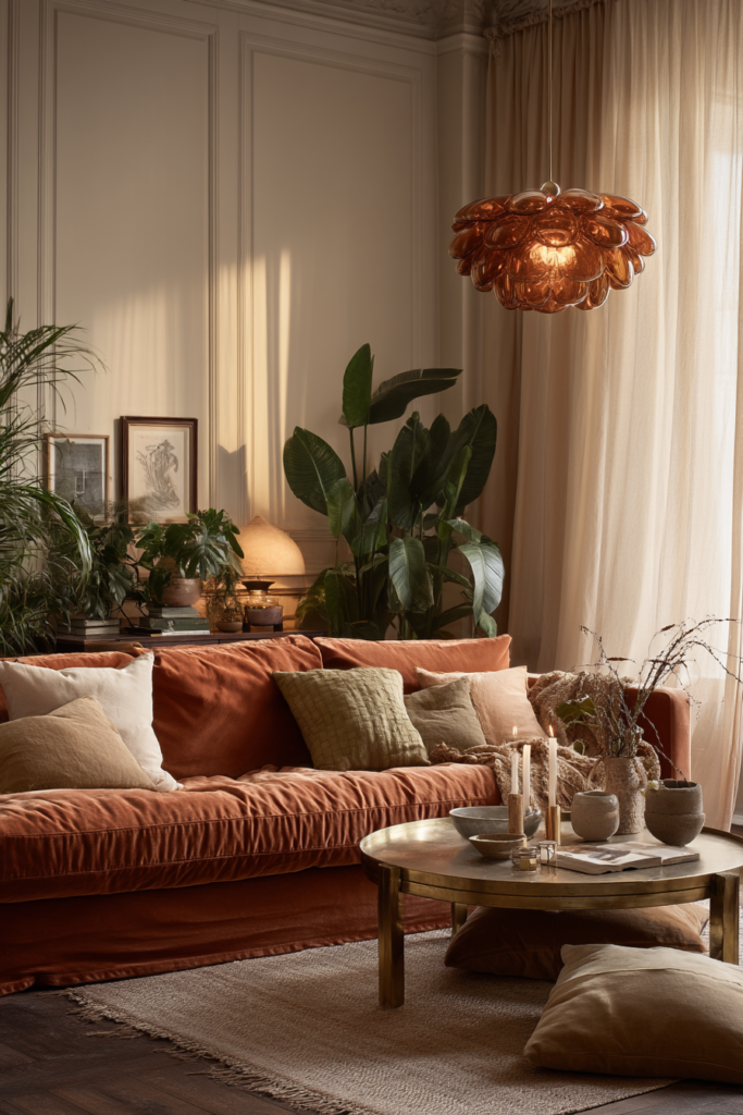 terracotta couch in a modern living room with vintage glass  flower hanging light and round coffee table