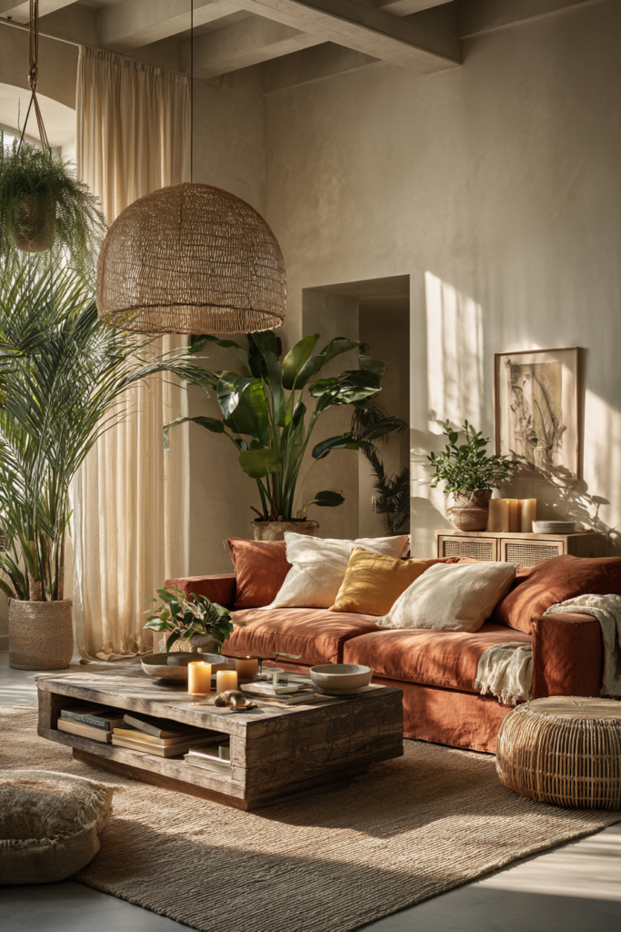boho terracotta living room with wood coffee table terracotta couch large rattan hanging light and natural rug