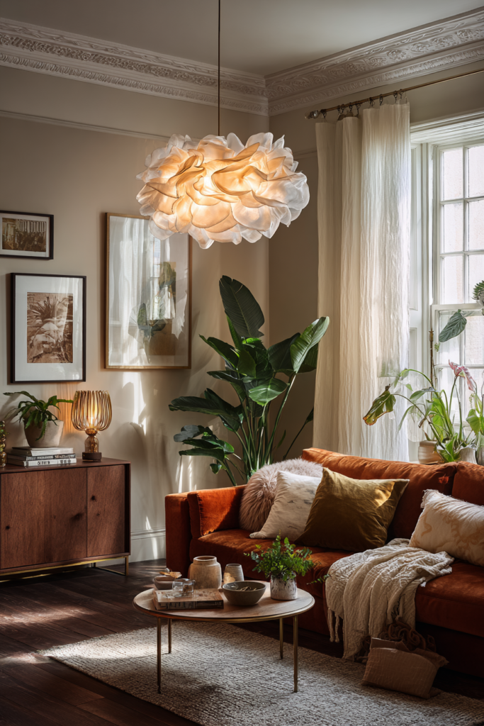 modern terracotta living room with white flower fabric hanging light and wood cabinet