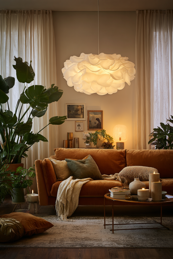 terracotta living room makeover idea with white petals hanging light and modern round coffee table