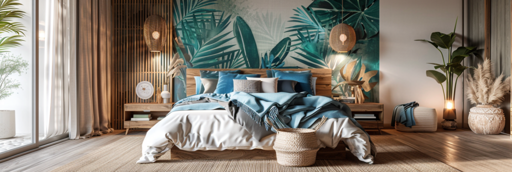 Boho tropical bedroom decor with dark wood bed frame and exotic leaf wallpaper