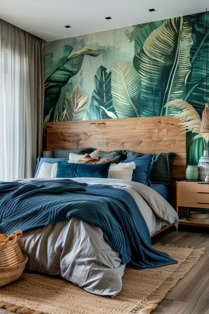 Boho tropical bedroom decor with dark wood bed frame and exotic leaf wallpaper