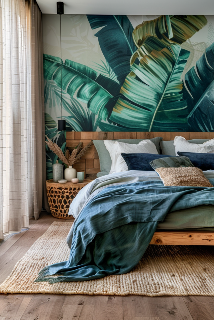 Tropical bedroom with a walnut wood bed and blue bedding against a panoramic jungle wallpaper
