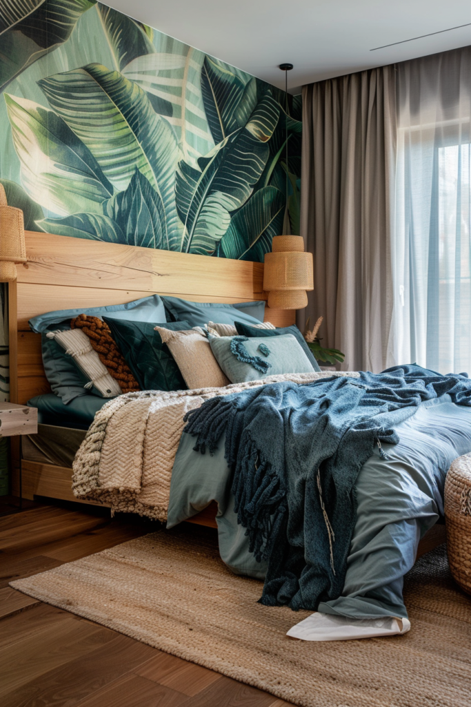 Tropical bedroom with a walnut wood bed and blue bedding against a panoramic jungle wallpaper boho bedroom makeover