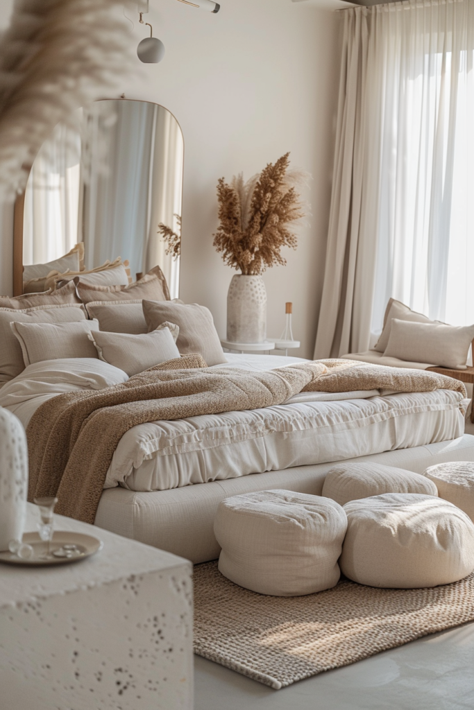 cozy boho bedroom with pampa large wall mirror and white bed with beige linen pillow for bedroom makeover idea