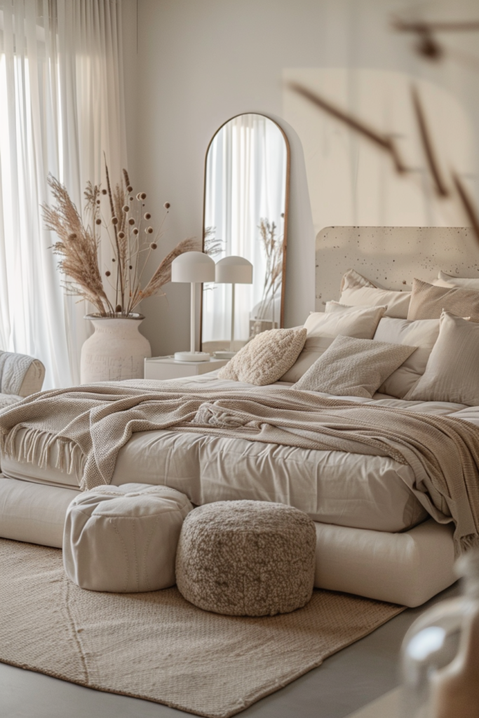 white boho bedroom with linen bed shaggy pouf and large pampa